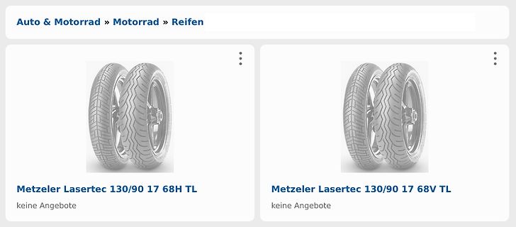 Webseite mit Metzeler Lasertec Reifenangeboten