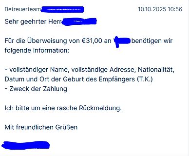 E-Mail bezüglich Informationen für eine Überweisung