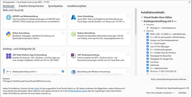 Visual Studio Community 2022 Installationsdetails