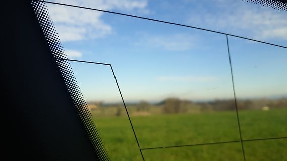 Blick durch ein Display auf eine Wiese