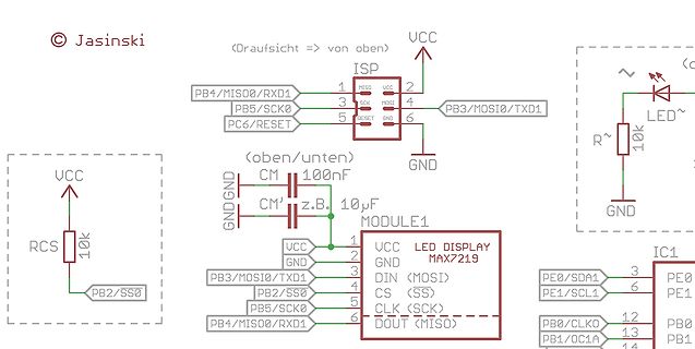 Schaltplan mit Mikrocontroller-Anschlüssen und LED-Display