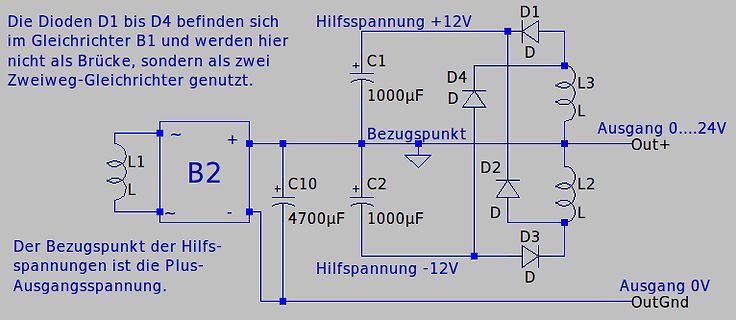 Schaltplan eines Gleichrichters mit Hilfsspannungen