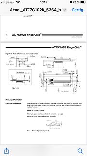 Datenblatt-Ausschnitt AT77C102B FingerChip Geometrie