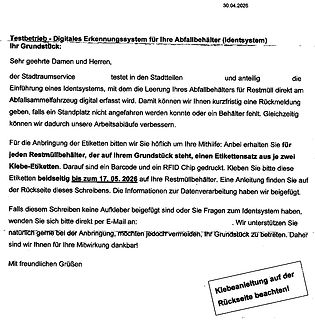 Brief zur Einführung eines Identsystems für Abfallbehälter