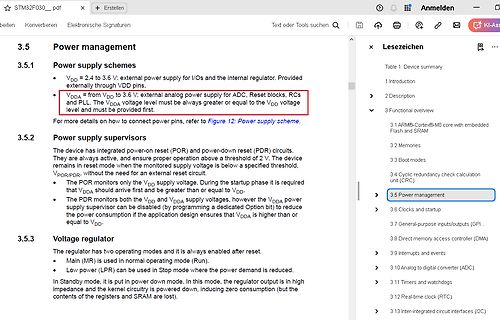 Ausschnitt aus einem STM32F030 Datenblatt zum Power Management
