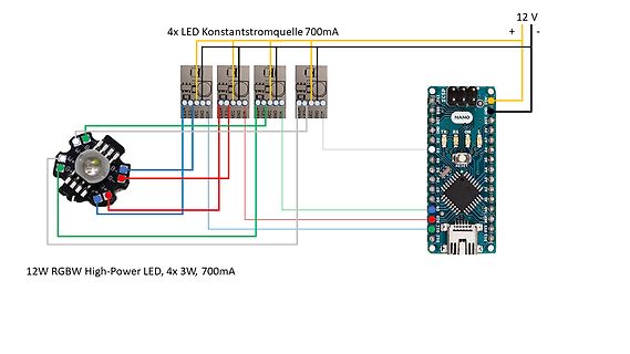 Schaltplan einer RGBW LED-Ansteuerung mit Arduino Nano