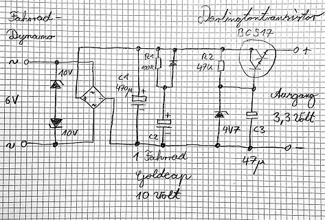 Handgezeichneter Schaltplan eines Fahrrad-Dynamo-Netzteils