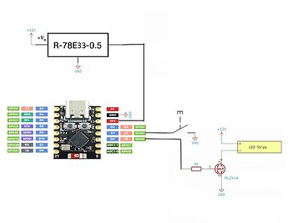 Schaltplan mit Mikrocontroller, Spannungsregler und LED-Streifen