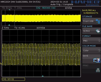 Oszilloskop-Screenshot mit gelbem Signalverlauf