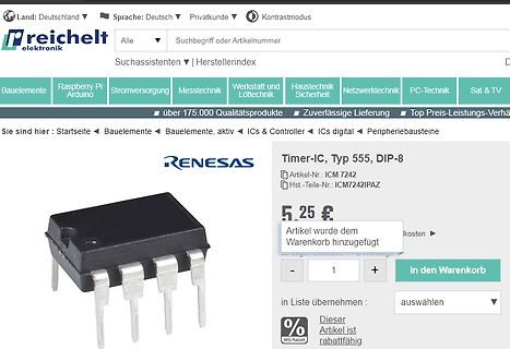Screenshot eines Online-Shops für Elektronikbauteile