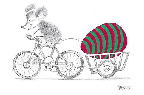 Comiczeichnung einer Maus auf einem Fahrrad mit einem Ei