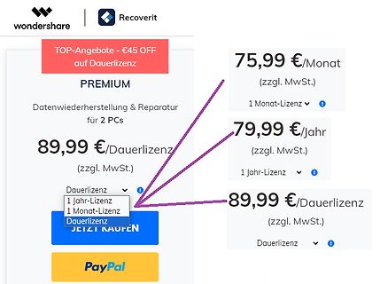 Preise für Wondershare Recoverit Lizenzen