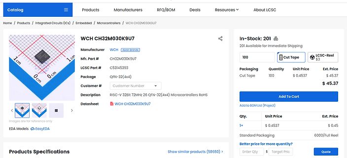 LCSC Produktseite für WCH CH32M030K9U7 Mikrocontroller