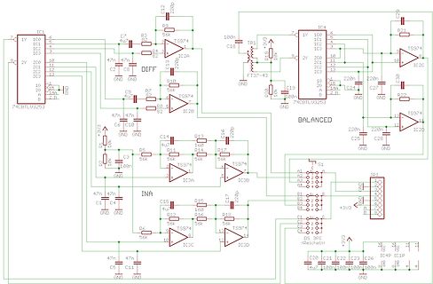 Schaltplan eines Instrumentenverstärkers (INA)