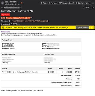 E-Mail-Bestellbestätigung für ein Oszilloskop