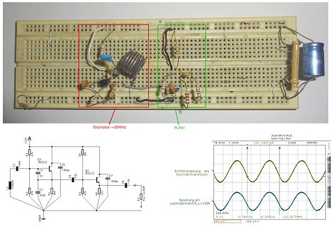 Breadboard-Aufbau, Schaltplan und Oszilloskop-Messung eines Oszillators