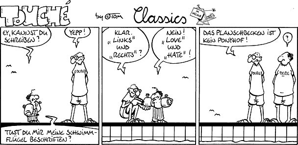 Comicstrip mit zwei Personen am Schwimmbecken