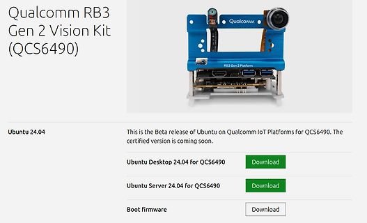 Downloadseite für Ubuntu auf Qualcomm RB3 Gen 2 Vision Kit