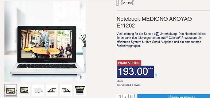 Produktseite eines Medion Akoya Notebooks