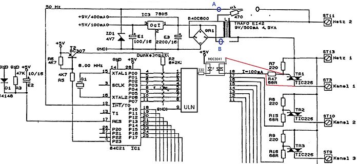 Schaltplan mit Mikrocontroller und Triac-Ansteuerung