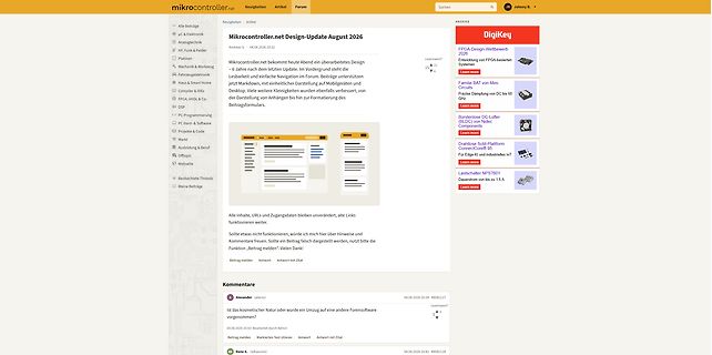 Screenshot der Website mikrocontroller.net mit Design-Update News