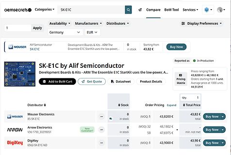 Screenshot einer Webseite eines Elektronik-Distributors