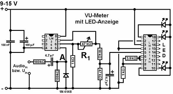 Schaltplan eines VU-Meters mit LED-Anzeige
