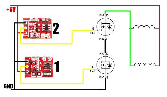 Schaltplan mit zwei MOSFETs und Induktivitäten