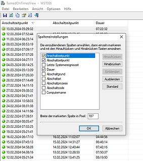 Software-Dialogfenster Spalteneinstellungen in einer Tabelle