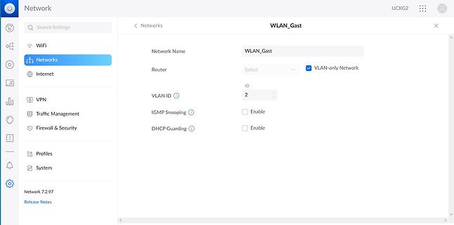 Benutzeroberfläche der WLAN-Gast-Netzwerkeinstellungen