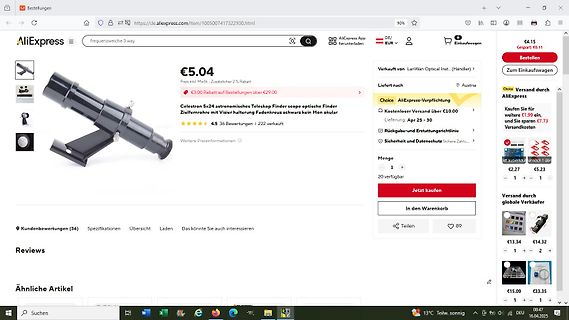 AliExpress Produktseite für Teleskop Zubehör