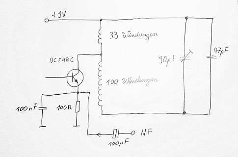 Handgezeichneter Schaltplan einer Schaltung mit Transformator und Transistor