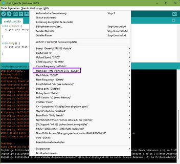 Screenshot der Arduino IDE mit ESP8266 Firmware-Einstellungen