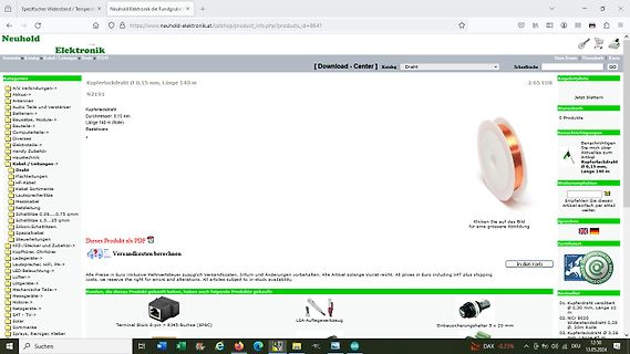 Webseite eines Online-Shops für Kupferlackdraht