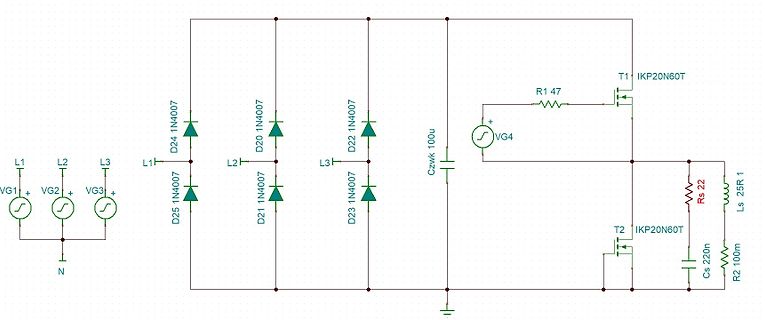 Schaltplan eines Gleichrichters mit MOSFET-Leistungsteil