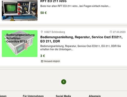 Screenshot von Verkaufsanzeigen für RFT EO 211 Oszilloskope