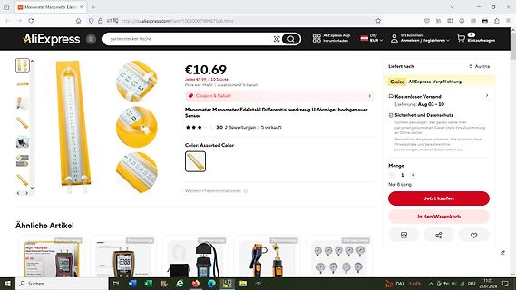 AliExpress Produktseite für Manometer