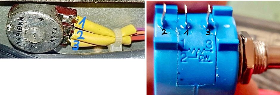 Nahaufnahme eines Potentiometers mit Anschlussbelegung