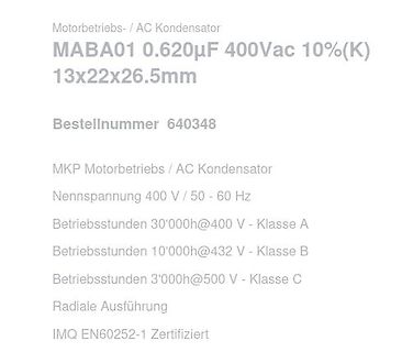 Technische Daten eines MKP Kondensators