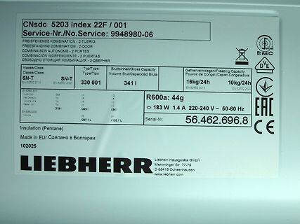 Typenschild eines Liebherr Kühlschranks