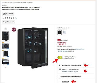 Online-Shop-Angebot für einen Getränkekühlschrank