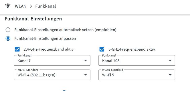 WLAN Funkkanal-Einstellungen Menü