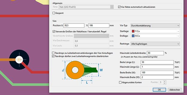 Einstellungen für Via-Parameter in einer PCB-Design-Software