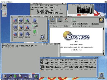 AmigaOS Desktop mit verschiedenen Fenstern