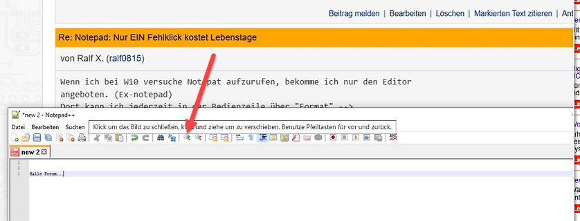 Screenshot eines Forenbeitrags über Notepad++